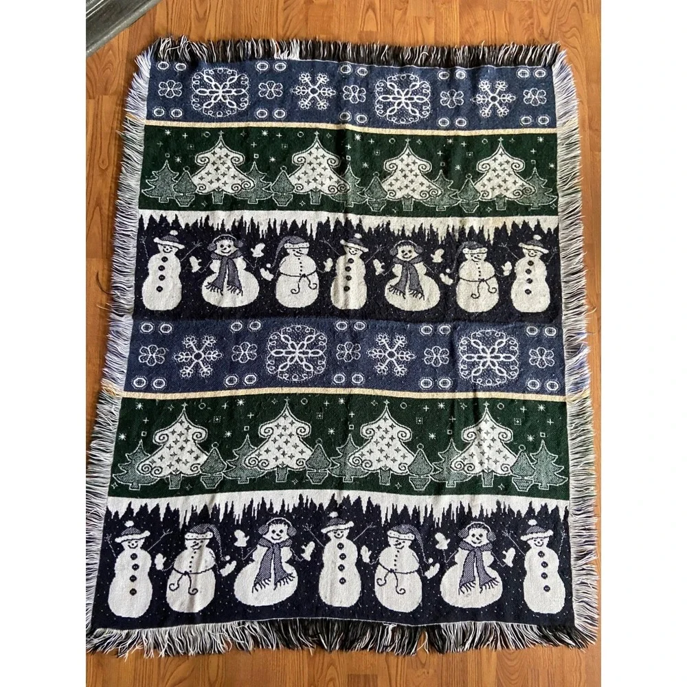 Woven Christmas Throw Blanket Snowman Tree Pattern Blue Green Fringe Winter Holi